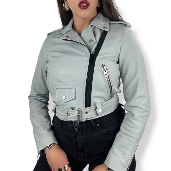 ALL SAINTS baby blue gray lamb leather BARON Biker motorcycle cropped jacket - Picture 4 of 16